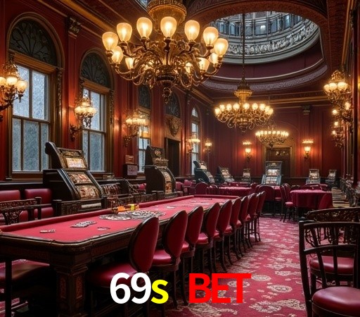 Escena dinámica inspirada en casino con iluminación 69s bet, cartas, fichas e íconos de juegos digitales en un espacio moderno de juegos.